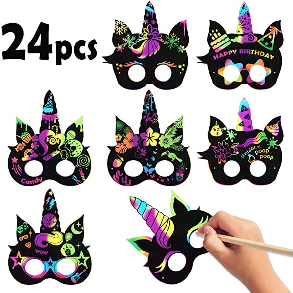 MALLMALL6 24Pcs Unicorn Mask Rainbow Scratch Unicorn DIY Masks Party Favors Color Reveal Scratchboard Unicorn Theme Birthday Party Supplies Decorations Dress Up Costumes Crafts Kit for Boys Girls