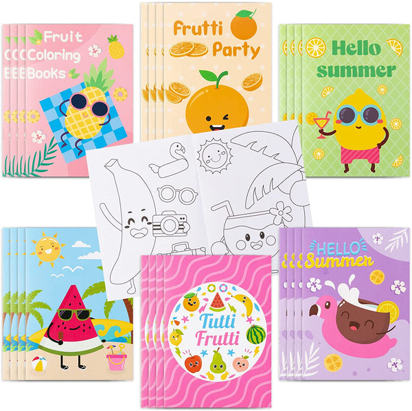 MALLMALL6 24Pcs Frutti Coloring Books with Watermelon Pineapple Lemon Banana Orange Coconut Tropical Fruit Art Patterns Summer Themed School Party Supplies Home Game Activity for Kids Girl Boy Age 4-8