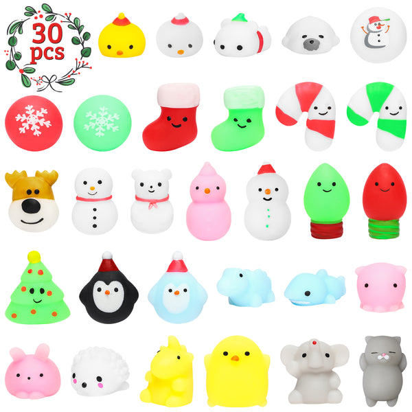 MALLMALL6 30Pcs Christmas Mochi Squishies Toys for Kids Party Favors, Kawaii Animal Squishies Stress Relief Toys for Christmas Decoration Treat Bags Gifts, Birthday Gifts, Classroom Prize, Goodie Bag